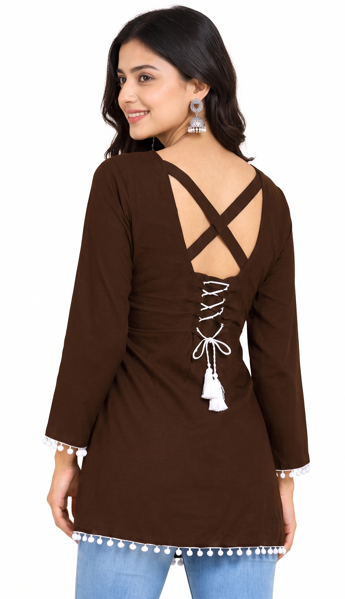 Women Brown Solid Asymmetrical Tunic with Lace-Up Detail and Pom Pom Lace | Stylish Western Wear Top for Women & Girls